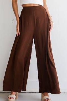 Women's Brown Wide Leg Pants High Waist Wide Leg Pants For Fall Loungewear, Brown High Waist Relaxed Fit Bottoms, Relaxed Fit Brown Bottoms, Chic Wide-leg Pants, Solid High Waist Relaxed Fit Pants, Solid Color High Waist Relaxed Fit Pants, High Waist Solid Color Relaxed Fit Pants, Solid Color Long Pants For Fall, Fall Wide-leg Dress Pants With Elastic Waistband