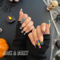 Sally And Jack Nails, Sally Nails Halloween, Nightmare Before Christmas Nails Short, Casper Nails, Jack And Sally Nail Designs, Sally Nightmare Before Christmas Nails, Nbc Nails, Tim Burton Nail Art, Jack And Sally Nails