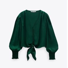 Zara Satin Blouse With Knot Detail -Forest Green -Plunge Neckline -Cropped Fit -Elasticized Wrists -Size Us Small Slytherin Clothes, Slytherin Fashion, Full Sleeve Blouse, Lace Top Long Sleeve, Zara Blouse, Oversized Blouse, Black Lace Tops, Women Long Sleeve Tops, Bottle Green