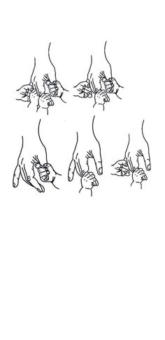 four hands reaching towards each other with one hand holding the other's head, and another