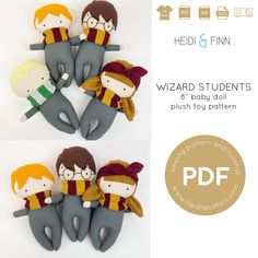 three harry potter plush toys with their names on them and the words wizard students printed in gold