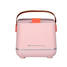 the pink toaster has an orange handle on it's side and is empty