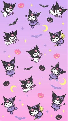 an image of cartoon characters with bats and pumpkins on a pink background for halloween