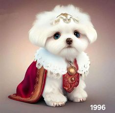 a small white dog wearing a red and gold costume with feathers on it's head