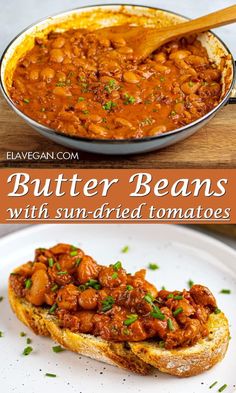 butter beans with sundried tomatoes in a skillet and on a white plate