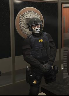 a person in a uniform and helmet standing next to a wall with a seal on it