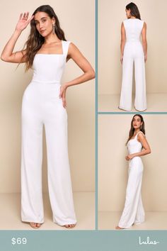 With a chic blazer, leather jacket, or coat, there's no end to how you could style the Lulus Enticing Endeavors White Jumpsuit! This sleeveless jumpsuit is made from lightly textured crepe knit with a squared-off neckline, and seamed bodice. High-waisted pant legs fall to a classic wide cut. Hidden back zipper. Fit: This garment fits true to size. Length: Floor length. Size medium measures 62" from shoulder to hem. Inseam: 33.50 Front Rise: 14.50 Bust: Great for any cup size. Waist: Fitted - ver Elegant Fitted Strapless Jumpsuit For Spring, Elegant Strapless Jumpsuit For Spring Night Out, Chic Fitted Strapless Jumpsuit, Sleeveless Fitted Pantsuit For Going Out, Fitted Strapless Jumpsuit For Spring Formal Events, Fitted Strapless Jumpsuit For Spring Formal, Elegant Strapless Jumpsuit For Going Out In Spring, Spring Formal Fitted Strapless Jumpsuit, Elegant Strapless Jumpsuit For Spring Outings