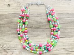 Trendy Handmade Green Necklaces, Casual Green Beaded Necklaces For Summer, Casual Green Beaded Necklace For Summer, Summer Green Necklaces With Colorful Beads, Summer Green Necklace With Colorful Beads, Playful Pink Necklace For Summer, Playful Pink Summer Necklaces, Playful Pink Summer Necklace, Spring Party Green Necklaces