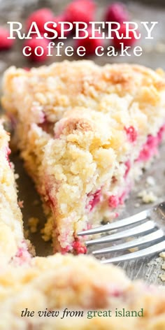 raspberry coffee cake on a plate with a fork