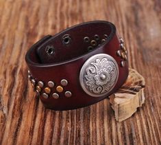 Mens Western Flower concho Studded Wide Leather Wrap Wristband Bracelet Cuff | eBay Cowhide Diy, Mens Western, Leather Cuff Bracelet, Wristband Bracelet, Mens Leather Bracelet, Leather Bracelets, Bracelet Cuff, Bracelet For Men, Leather Work