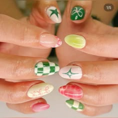 Pink Nails Coquette, Checker Nails, Summer Nails Green, Nails Checkerboard, Green Summer Nails, Mixed Nails, Maximalist Nails, Mismatched Nails, Nail Technician