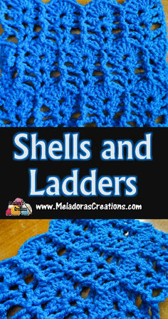 two blue crocheted hats with the words shells and ladders written on them