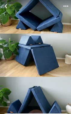 three photos of blue furniture on the floor and in front of a potted plant