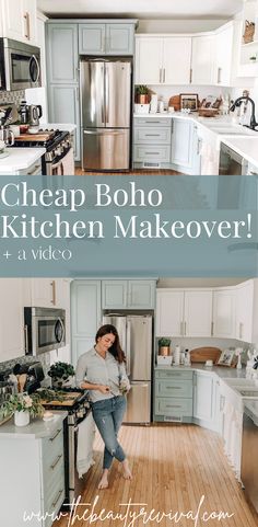 a woman standing in a kitchen next to a stove top oven and refrigerator with the words cheap boho kitchen makeover on it