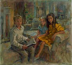 a painting of three children sitting on a couch