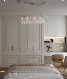 a bedroom with white walls and closets in the background, there is a bed that has a white comforter on it