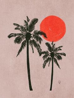 two palm trees with an orange sun in the background