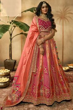 Multi Color Silk Fabric Embroidery Work Designer Bridal Lehenga Choli Pink And Orange Lehenga, Silk Bridal Lehenga, Lehenga Style Saree, Orange Lehenga, Exclusive Gowns, Indian Wedding Lehenga, Designer Bridal Lehenga Choli, Latest Bridal Lehenga, Indian Bridal Photos