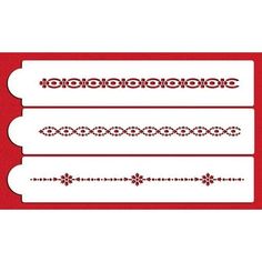 three red and white labels with decorative designs on the front, one for each other