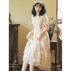 Vintage-style Royalcore Lace Princess Lolita Dress with lace ruffles and bow decoration. High empire waist. Princess Dress For Women, Retro Summer Dress, Lace Princess Dress, Dresses Cottagecore, Dress Fairy, Dresses Romantic, Fairy Dresses, Cottagecore Fashion, Cottagecore Dress