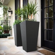 two tall planters sitting on the side of a door way next to a building