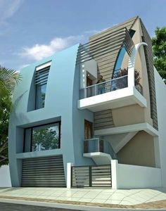 this is a 3d rendering of a house with stairs and balconies on the second floor