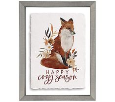 a watercolor painting of a fox with flowers on it's head and the words happy