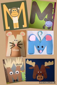 four different animal crafts for kids to make with paper and construction materials, including letter m