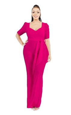 This elegant Curvy Style Fuschia Jumpsuit features a sweetheart neckline and keyhole back for a flirty touch. The attached belt accentuates your curves, making it a flattering and stylish choice. Perfect for any occasion, this jumpsuit is a must-have for your wardrobe. All Sales are Final Model Wearing 1x Jumpsuits And Romper, Poncho Sweater, Plus Size Jumpsuit, Boutique Accessories, Sweetheart Neckline, Curvy Fashion, Sweater Jacket, Stylish Outfits, Womens Sizes