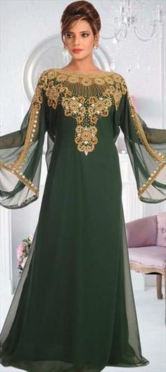 Green color Kaftan in Georgette fabric with Embroidered, Thread work Green Embellished Kaftan For Festivals, Green Resham Embroidered Kaftan For Party, Green Resham Embroidery Kaftan For Party, Party Kaftan With Resham Embroidery In Green, Party Green Kaftan With Resham Embroidery, Embroidered Green Kaftan For Festivals, Green Intricate Embroidered Kaftan For Wedding, Green Kaftan With Intricate Embroidery For Wedding, Green Intricate Embroidery Kaftan For Wedding