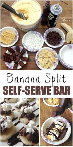 banana split self serve bar with chocolate, bananas and marshmallows on top