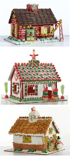 three different gingerbread houses with decorations on the roof and side by side, all decorated in red white and green