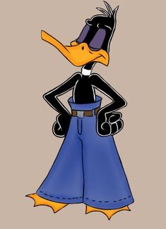 a cartoon duck wearing a blue dress and black hat with his hands on his hips