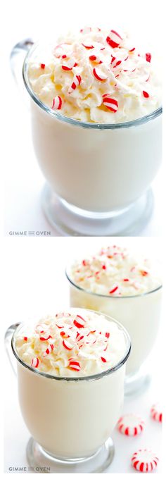 two bowls filled with white and red candy canes on top of each other,