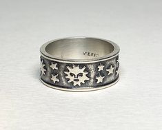 Hefty bold band ring stamped "Mexico" and "925" weighs 7.4g. It's 8mm wide and a size 7.75. I've just done a hand polish on this and left the natural patina on it. Sun And Stars, Eternity Band Ring, Eternity Band, Eternity Bands, Outer Space, Sterling Ring, Cute Jewelry, Band Ring, Band Rings