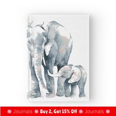 an elephant and her baby are shown in this watercolor painting