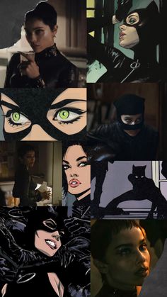 batman and catwoman collages with green eyes, black cats, and the dark knight