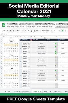 the social media editorial calendar is displayed in this screenshote screen shot from google sheets