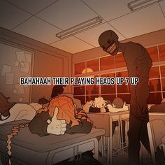 an animated image of a person in a hospital room with the caption batman their playing heads up 7 up