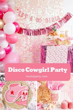 a pink disco cowgirl party with balloons and decorations