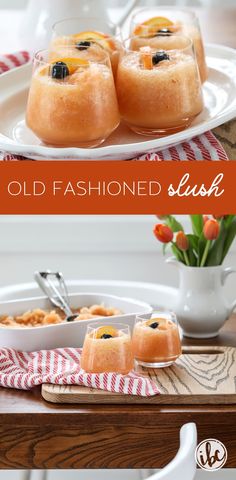 old fashioned slushy desserts are served on plates with flowers in the background