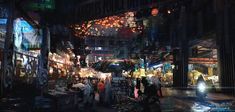 a city street filled with lots of shops and people walking through it at night time