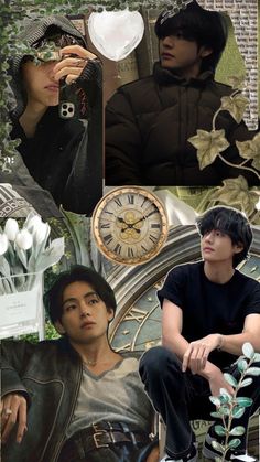 a collage of photos with two people and a clock