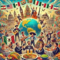 a painting of mexican food and people around the world