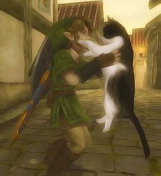 an animated image of a man hugging a cat on the street with another cat nearby