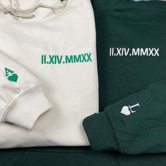 Roman Numeral Hoodie | Embroidered Couples Hoodie | Personalized Gift Hoodie with Initials | Matching Couples Date | Anniversary Date Hoodie 1️⃣ Brand and Color available: ---------------------------------------------- 1. Gildan (S-3XL) - T-shirt: available colors such as Sand, Black, White, Sport Gray, Dark Chocolate, Forest Green, Light Pink, Light Blue, Maroon, Navy, Royal, Charcoal, Dark Heather, Orange, Purple, Military Green, Indigo Blue. - Sweatshirt & Hoodie: all T-shirt colors plus Heat Green Hooded Sweatshirt With Embroidered Logo, Green Casual Hoodie With Custom Embroidery, Casual Green Hoodie With Custom Embroidery, Green Long Sleeve Hoodie With Embroidered Graphics, Green Embroidered Long Sleeve Hoodie, Green Hooded Sweatshirt With Custom Embroidery, Green Crew Neck Hoodie With Embroidered Graphics, Green Winter Sweatshirt With Embroidered Logo, Winter Green Sweatshirt With Embroidered Logo