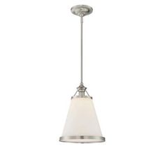 a light fixture with a white glass shade on the bottom and a silver metal frame