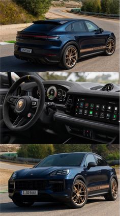 the inside and outside view of a porsche cayenne with gold rims on it