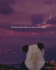 a panda bear sitting on top of a hill under a purple sky with the moon in the distance