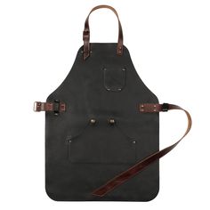 a black apron with brown straps and two pockets on the front, one pocket is open